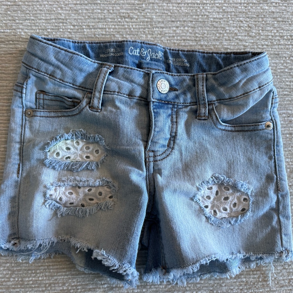 Cat & Jack Light Blue Distressed Denim Shorts with Eyelet Panels